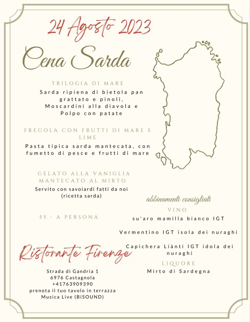 Menù cena sarda: moscardini, polpo e sarda, fregola e frutti mare, gelato artigianale. Ristorante Firenze Lugano, 24.08.2023.